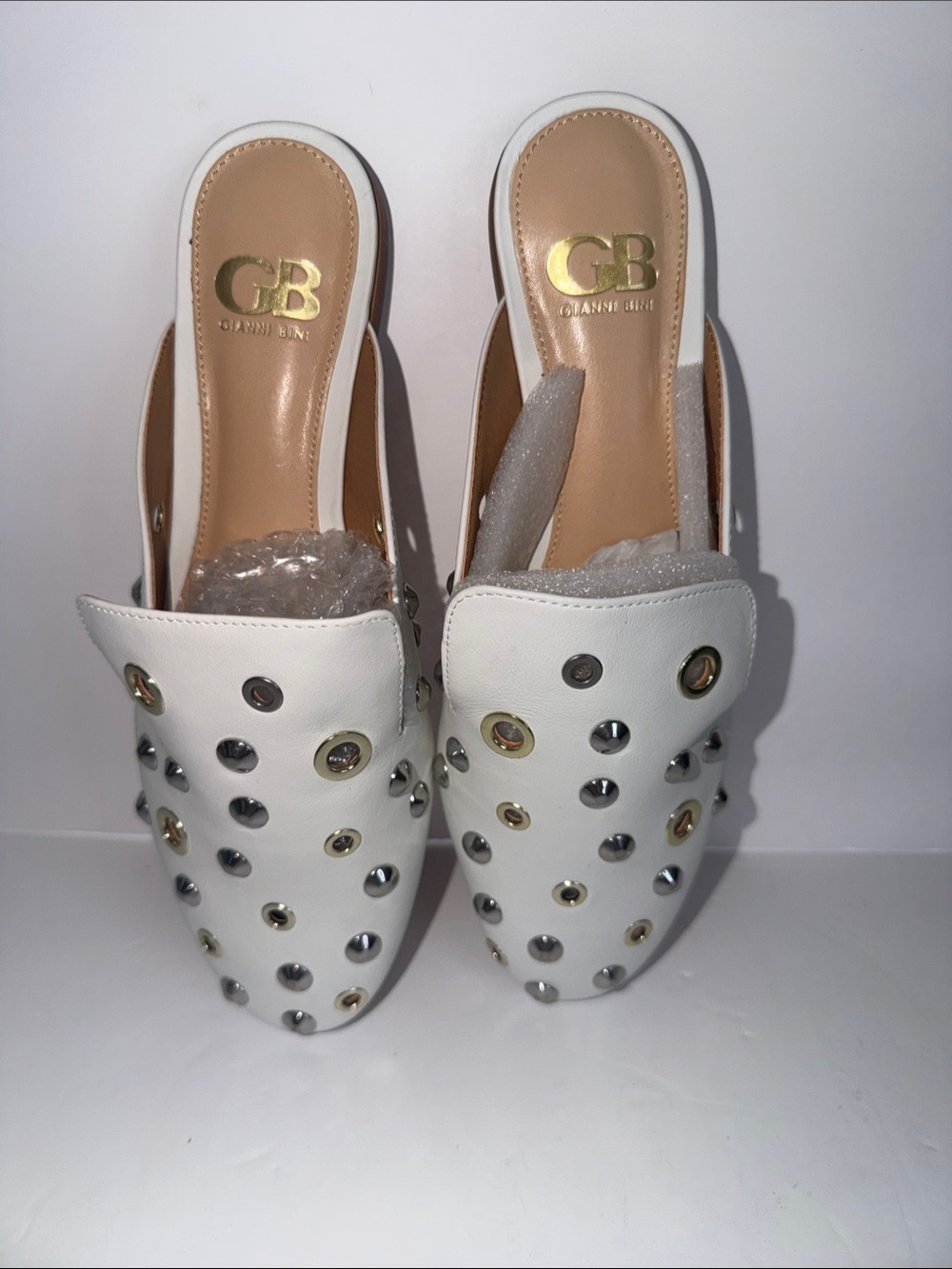 Gianni Bini White Studded Mule Slides with Gold & Silver Accents